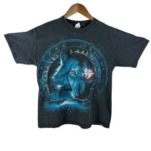 Vintage Y2K Blue Wolf Graphic Tee Medium 90s Mystic Moon Fade